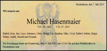 Traueranzeige von Michael Hasenmaler von Schwäbische Post