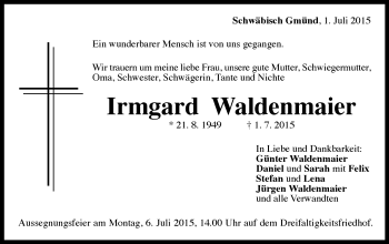 Traueranzeige von Irmgard Waldenmaier von Gmünder Tagespost