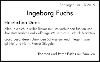 Traueranzeige von Ingeborg Fuchs von Schwäbische Post