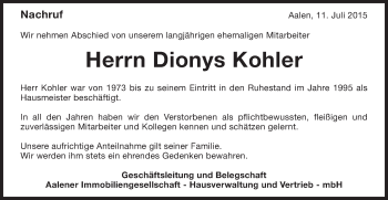 Traueranzeige von Dionys Kohler von Schwäbische Post