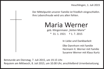 Traueranzeige von Maria Werner von Gmünder Tagespost