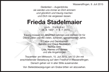 Traueranzeige von Frieda Stadelmaier von Schwäbische Post