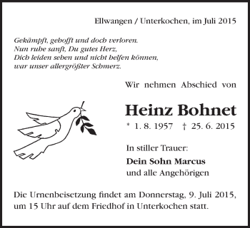 Traueranzeige von Heinz Bohnet von Schwäbische Post