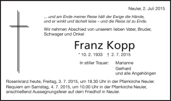 Traueranzeige von Franz Kopp von Schwäbische Post