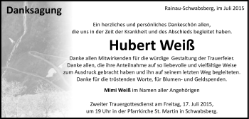 Traueranzeige von Hubert Weiß von Schwäbische Post