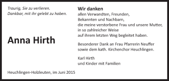 Traueranzeige von Anna Hirth von Gmünder Tagespost