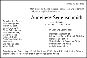 Traueranzeige von Anneliese Segenschmidt von Gmünder Tagespost