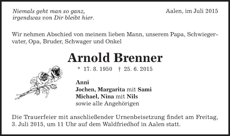  Traueranzeige für Arnold Brenner vom 01.07.2015 aus Schwäbische Post