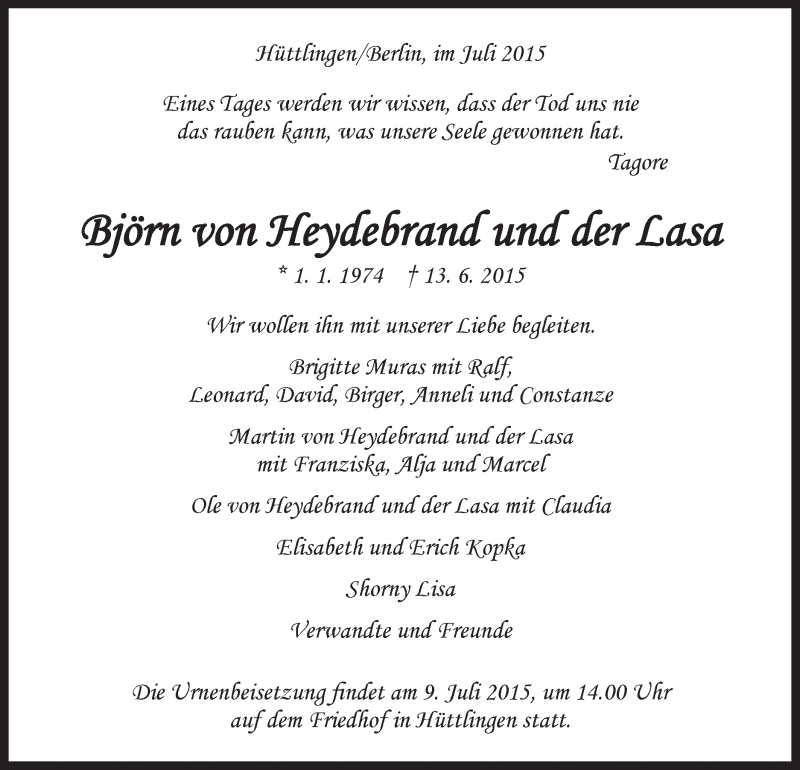  Traueranzeige für Björn von Heydebrand und der Lasa vom 04.07.2015 aus Schwäbische Post