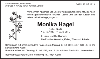 Traueranzeige von Monika Hagel von Schwäbische Post