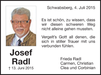 Traueranzeige von Josef Radl von Schwäbische Post