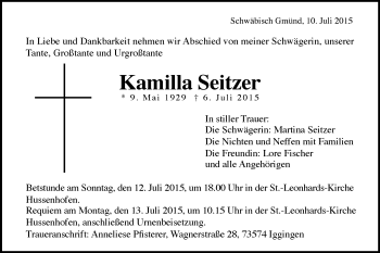Traueranzeige von Kamilla Seitzer von Gmünder Tagespost