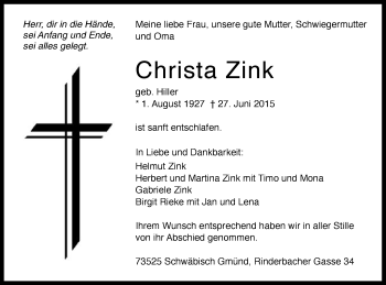 Traueranzeige von Christa Zink von Gmünder Tagespost