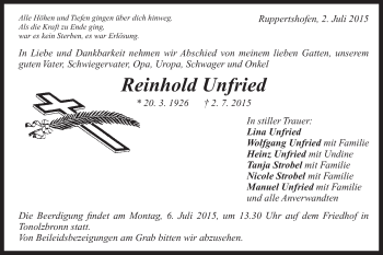 Traueranzeige von Reinhold Unfried von Gmünder Tagespost