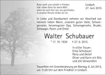 Traueranzeige von Walter Schubauer von Gmünder Tagespost