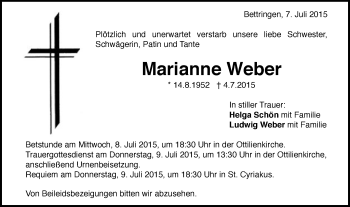Traueranzeige von Marianne Weber von Gmünder Tagespost
