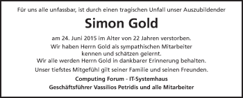 Traueranzeige von Simon Gold von Schwäbische Post