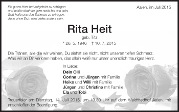 Traueranzeige von Rita Heit von Schwäbische Post