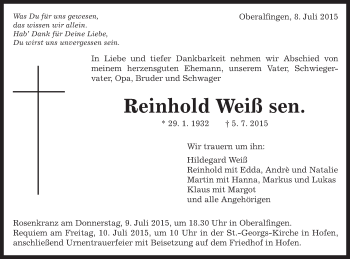 Traueranzeige von Reinhold Weiß von Schwäbische Post