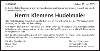 Traueranzeige von Klemens Hudelmaier von Schwäbische Post