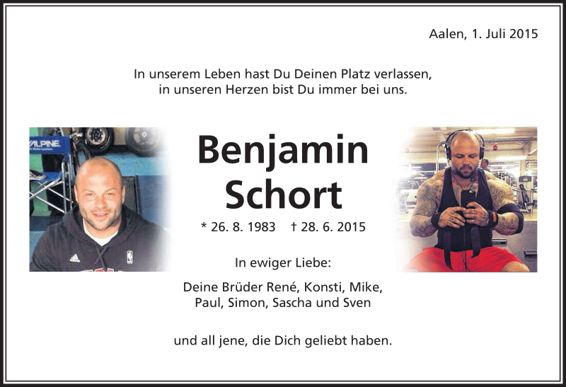  Traueranzeige für Benjamin Schort vom 01.07.2015 aus Schwäbische Post