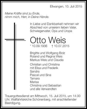 Traueranzeige von Otto Weis von Schwäbische Post