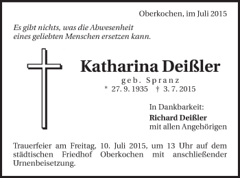 Traueranzeige von Katharina Deißler von Schwäbische Post