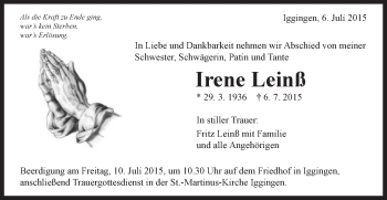 Traueranzeige von Irene Leinß von Gmünder Tagespost