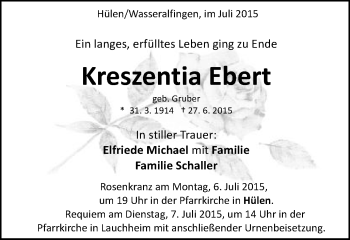 Traueranzeige von Kreszentia Ebert von Schwäbische Post