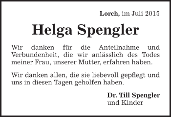 Traueranzeige von Helga Spengler von Gmünder Tagespost
