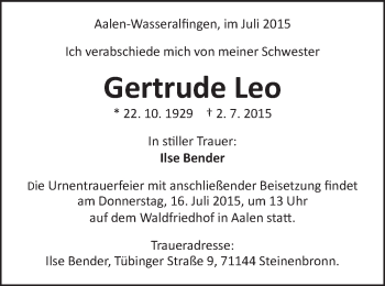 Traueranzeige von Gertrude Leo von Schwäbische Post