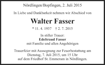 Traueranzeige von Walter Fasser von Schwäbische Post