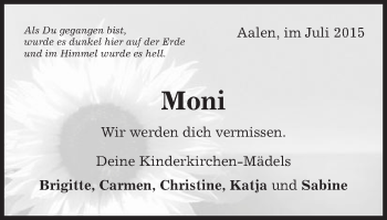 Traueranzeige von Moni  von Schwäbische Post