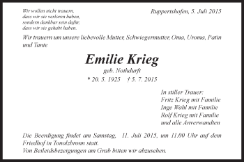 Traueranzeige von Emilie Krieg von Gmünder Tagespost