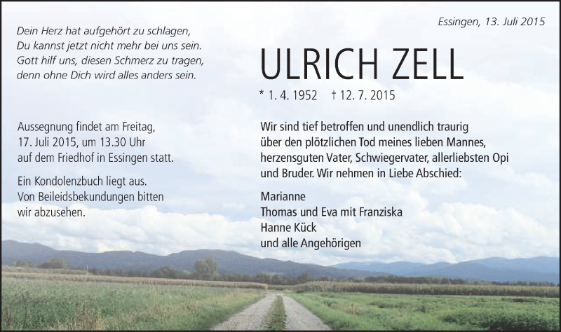 Traueranzeige für Ulrich Zell vom 14.07.2015 aus Schwäbische Post