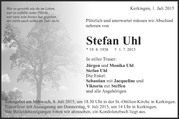 Traueranzeige von Stefan Uhl von Schwäbische Post