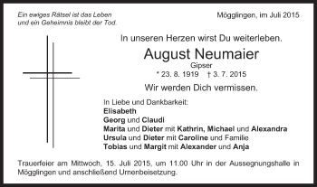 Traueranzeige von August Neumaier von Gmünder Tagespost