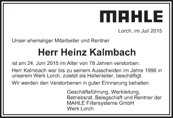 Traueranzeige von Heinz Kalmbach von Gmünder Tagespost