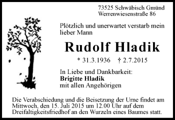 Traueranzeige von Rudolf Hladik von Gmünder Tagespost