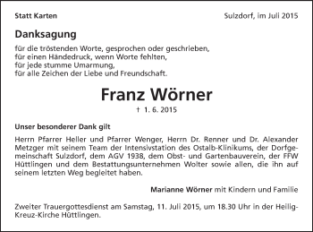 Traueranzeige von Franz Wörner von Schwäbische Post
