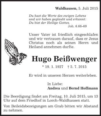 Traueranzeige von Hugo Beißwenger von Gmünder Tagespost
