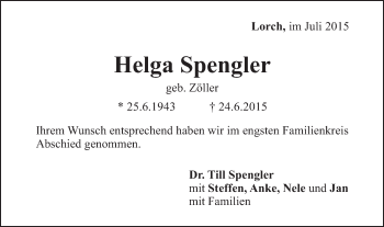 Traueranzeige von Helga Spengler von Gmünder Tagespost