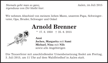 Traueranzeige von Arnold Brenner von Schwäbische Post