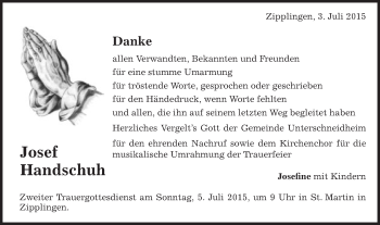 Traueranzeige von Josef Handschuh von Schwäbische Post
