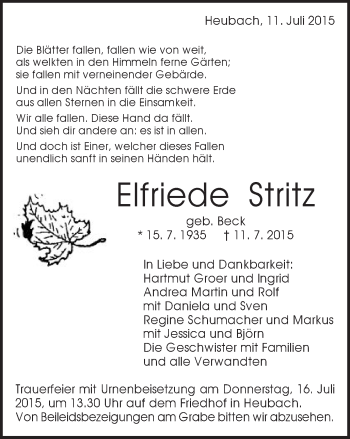 Traueranzeige von Elfriede Stritz von Gmünder Tagespost