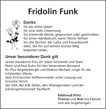 Traueranzeige von Fridolin Funk von Schwäbische Post