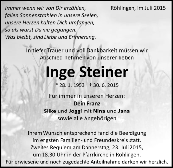 Traueranzeige von Inge Steiner von Schwäbische Post