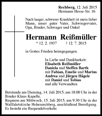 Traueranzeige von Hermann Reißmüller von Gmünder Tagespost
