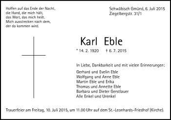 Traueranzeige von Karl Eble von Gmünder Tagespost