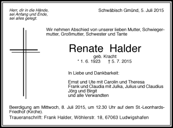 Traueranzeige von Renate Halder von Gmünder Tagespost